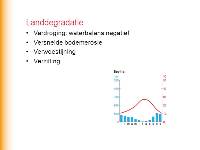 Landdegradatie Verdroging: waterbalans negatief Versnelde bodemerosie