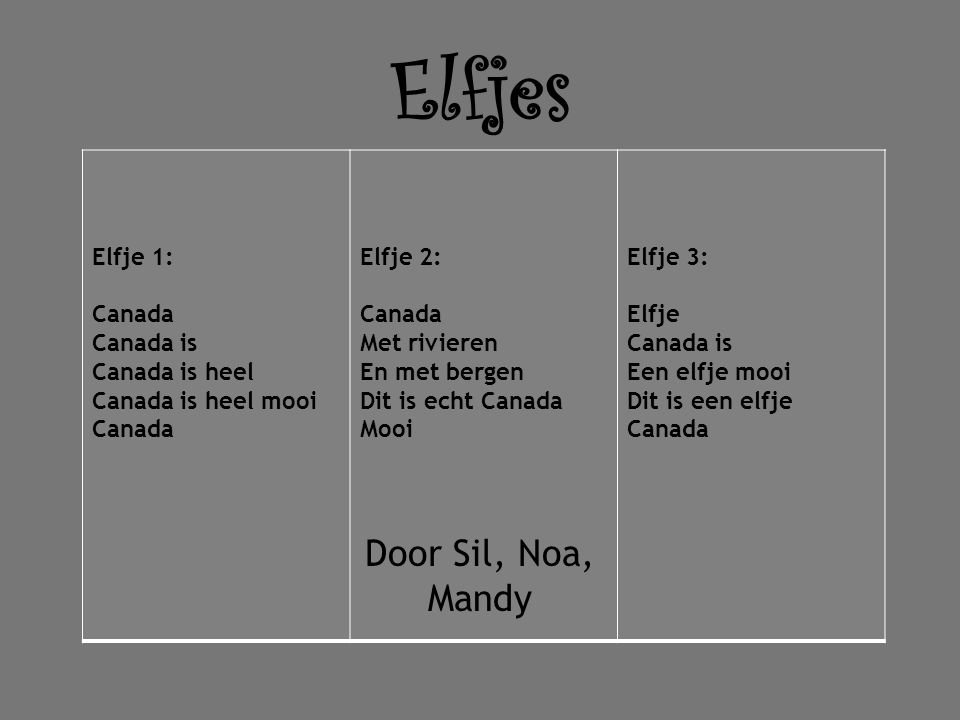Elfjes Door Sil, Noa, Mandy Elfje 1: Canada Canada is Canada is heel