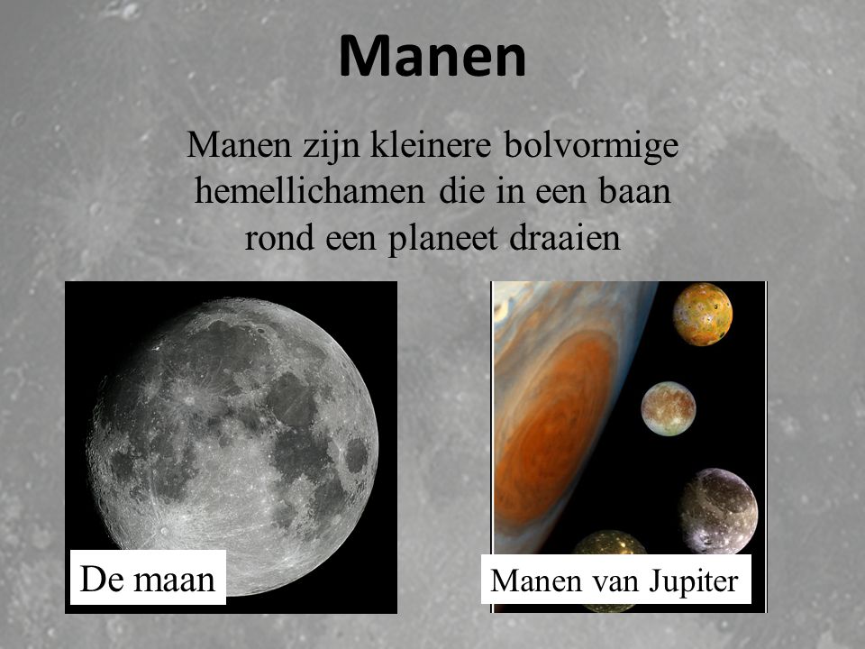 Manen Manen zijn kleinere bolvormige hemellichamen die in een baan rond een planeet draaien. De maan.