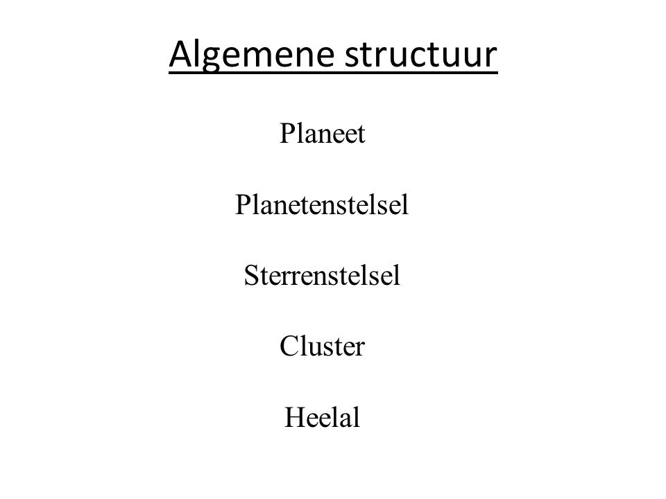 Algemene structuur Planeet Planetenstelsel Sterrenstelsel Cluster