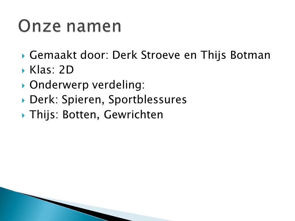 Onze namen Gemaakt door: Derk Stroeve en Thijs Botman Klas: 2D