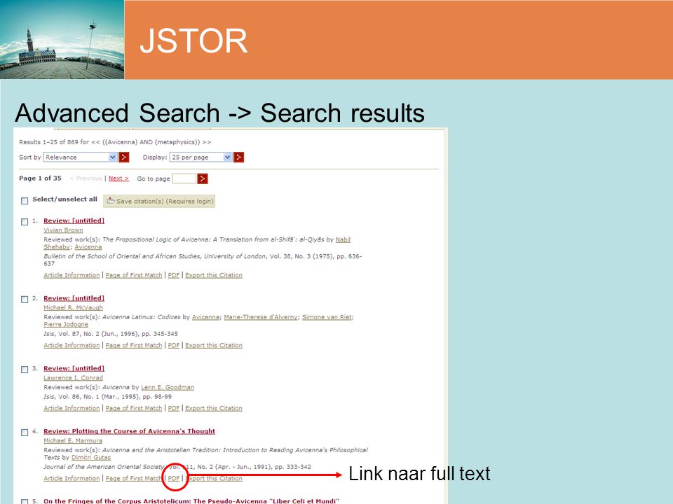 JSTOR Advanced Search -> Search results Link naar full text