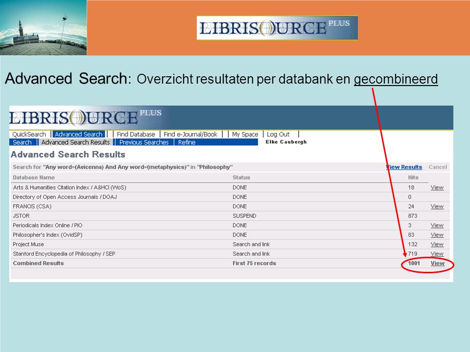 Advanced Search: Overzicht resultaten per databank en gecombineerd
