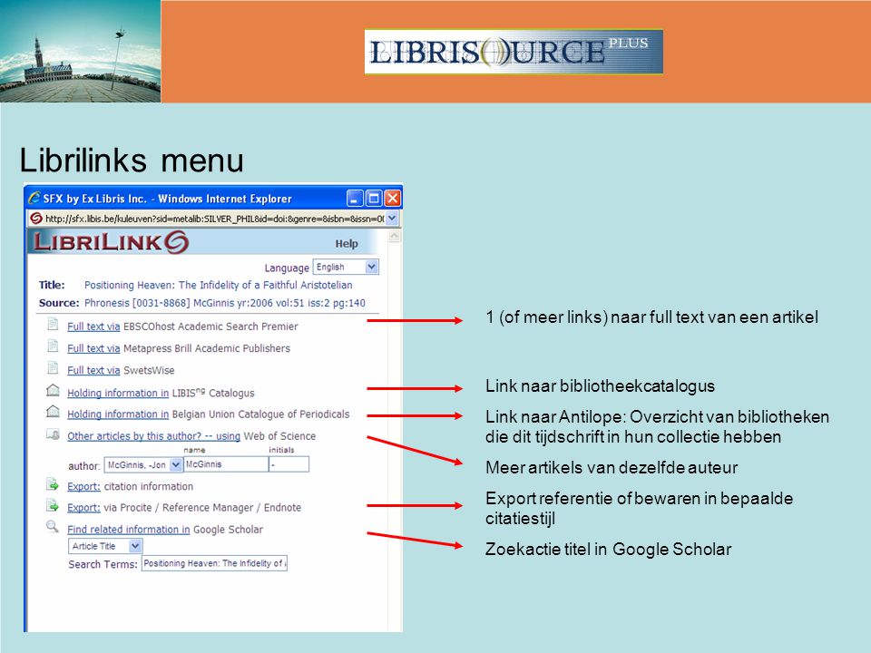 Librilinks menu 1 (of meer links) naar full text van een artikel