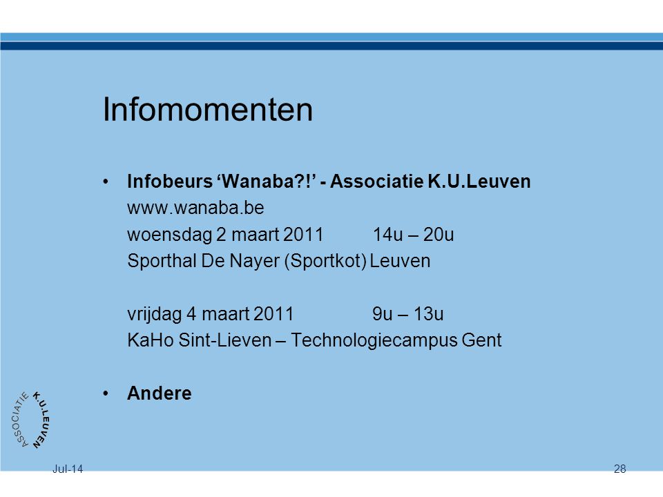 Infomomenten Infobeurs ‘Wanaba !’ - Associatie K.U.Leuven