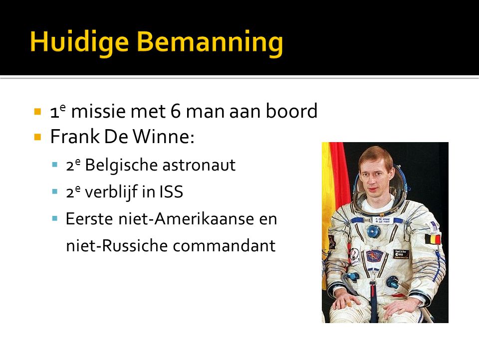 Huidige Bemanning 1e missie met 6 man aan boord Frank De Winne: