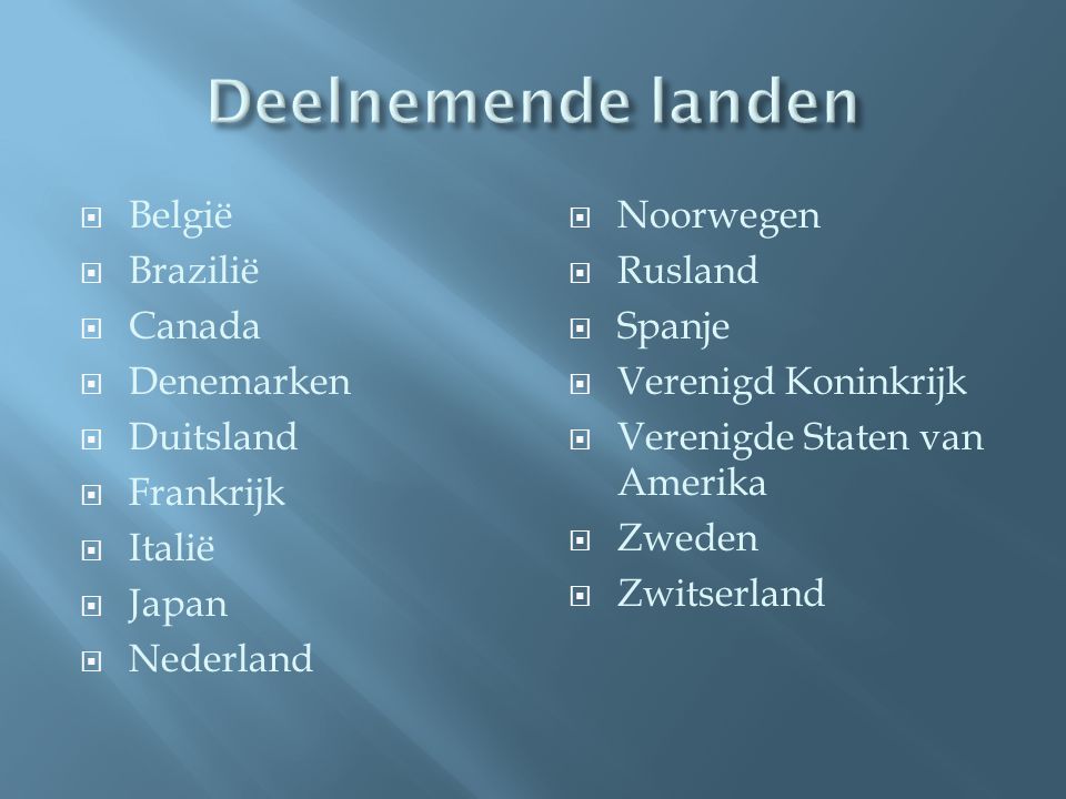Deelnemende landen België Brazilië Canada Denemarken Duitsland