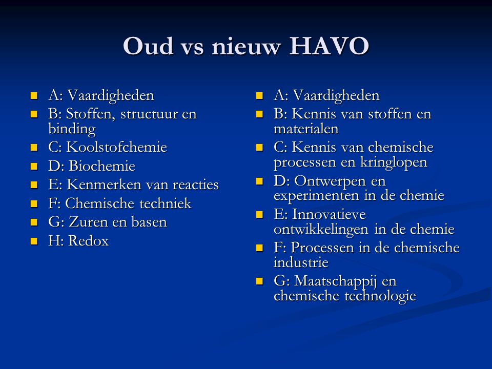 Oud vs nieuw HAVO A: Vaardigheden B: Stoffen, structuur en binding