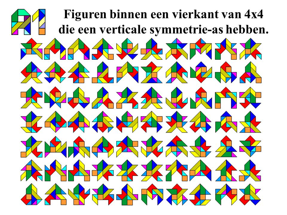 Figuren binnen een vierkant van 4x4 die een verticale symmetrie-as hebben.