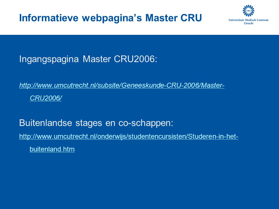 Informatieve webpagina’s Master CRU