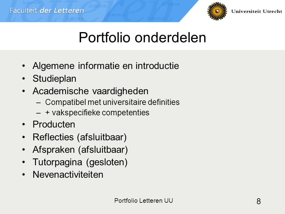 Portfolio onderdelen Algemene informatie en introductie Studieplan