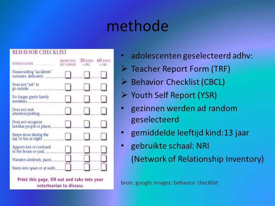 methode adolescenten geselecteerd adhv: Teacher Report Form (TRF)