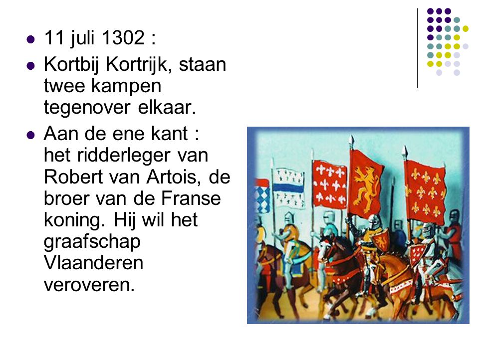 11 juli 1302 : Kortbij Kortrijk, staan twee kampen tegenover elkaar.