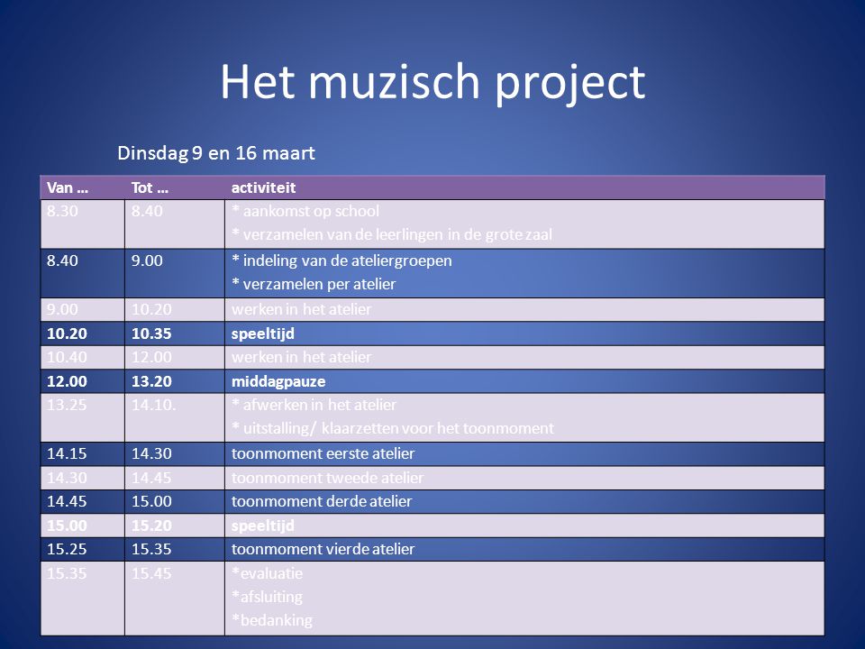 Het muzisch project Dinsdag 9 en 16 maart Van … Tot … activiteit 8.30
