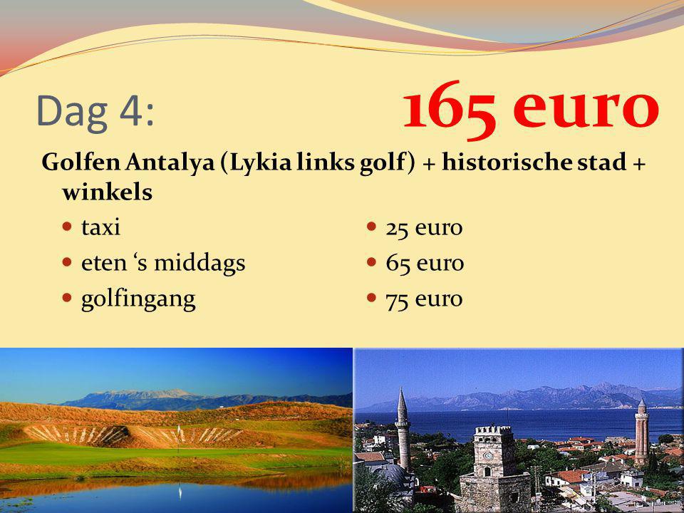 Dag 4: 165 euro. Golfen Antalya (Lykia links golf) + historische stad + winkels. taxi. eten ‘s middags.