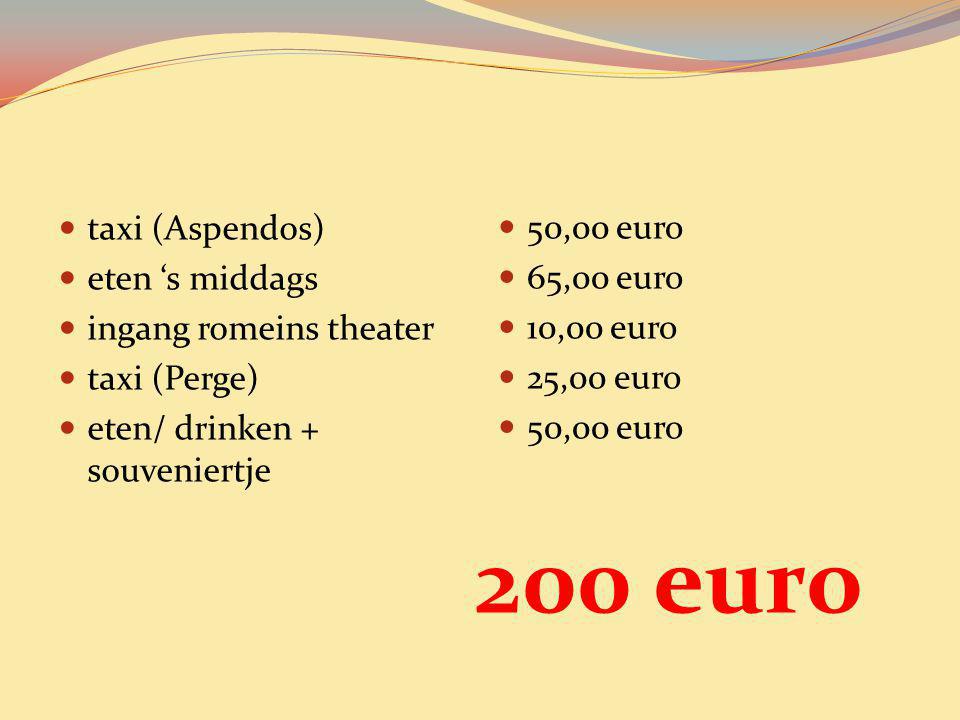 200 euro taxi (Aspendos) 50,00 euro eten ‘s middags 65,00 euro