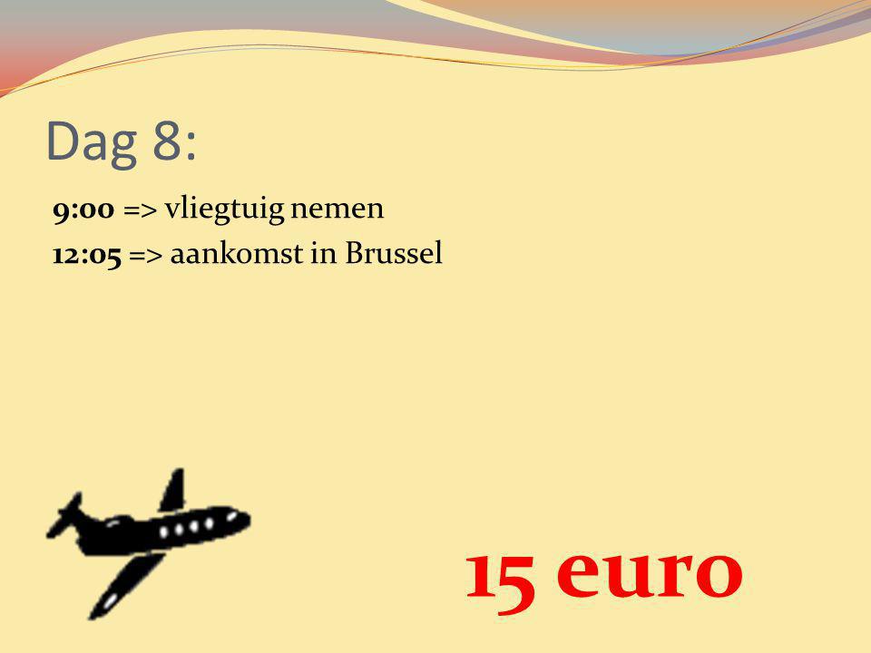 Dag 8: 9:00 => vliegtuig nemen 12:05 => aankomst in Brussel 15 euro