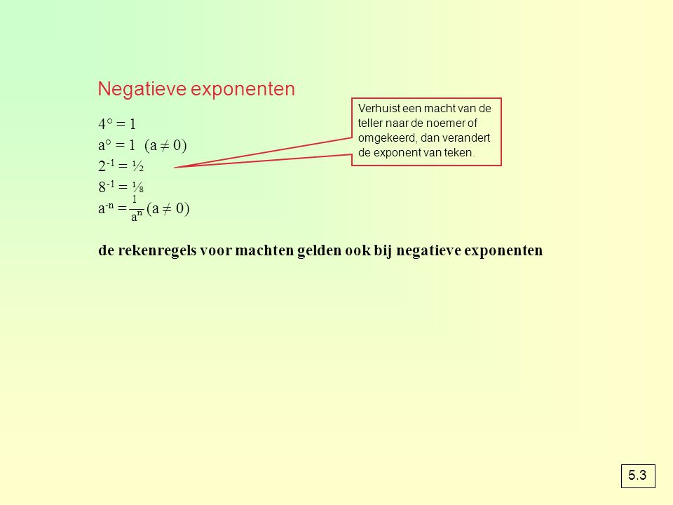 Negatieve exponenten 4° = 1 a° = 1 (a ≠ 0) 2-1 = ½ 8-1 = ⅛