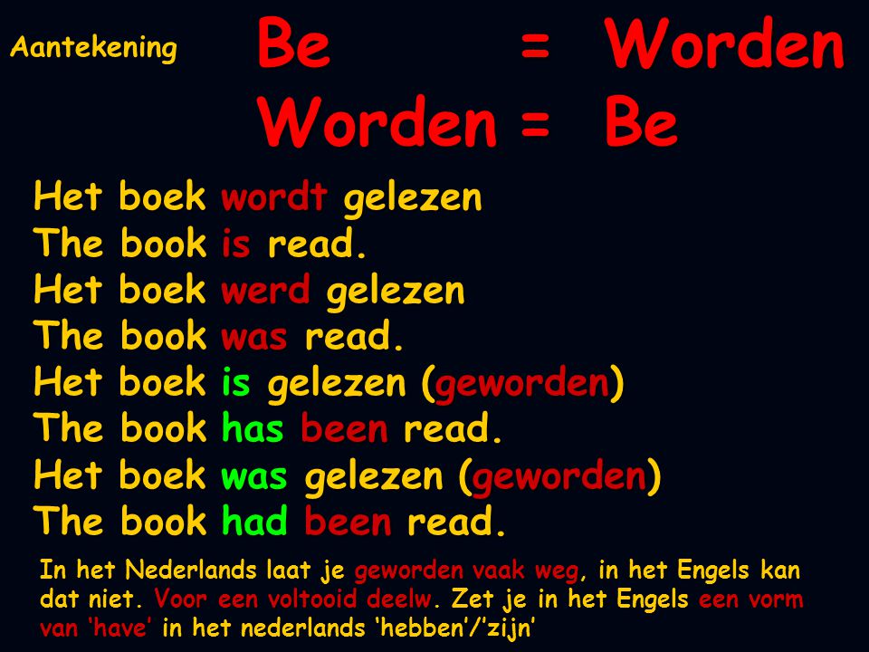 Be = Worden Worden = Be Het boek wordt gelezen The book is read.