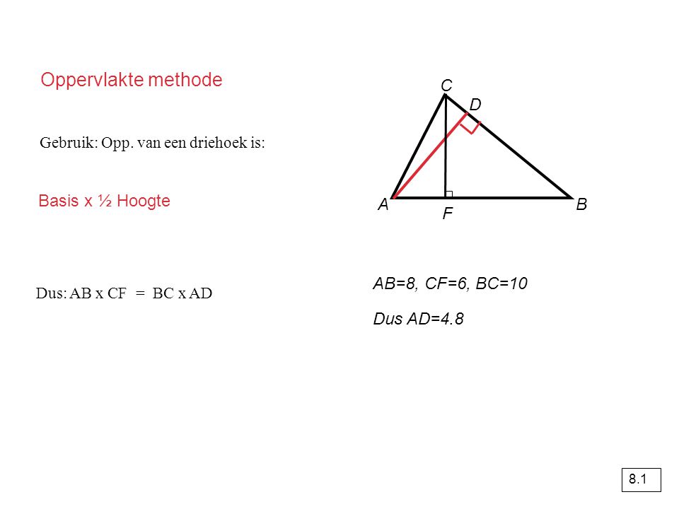 Oppervlakte methode C D Basis x ½ Hoogte A B F AB=8, CF=6, BC=10