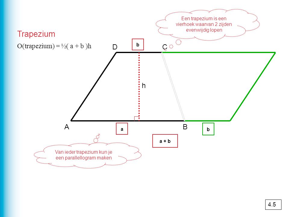 Trapezium D C h A B O(trapezium) = ½( a + b )h 4.5