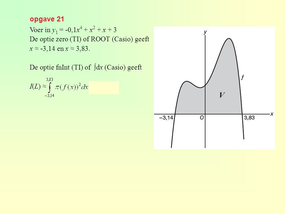 opgave 21 Voer in y1 = -0,1x4 + x2 + x + 3. De optie zero (TI) of ROOT (Casio) geeft. x ≈ -3,14 en x ≈ 3,83.