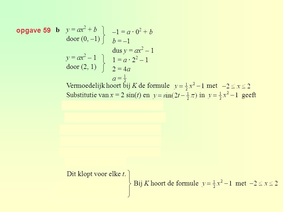 opgave 59 b. y = ax2 + b. door (0, –1) y = ax2 – 1. door (2, 1) Vermoedelijk hoort bij K de formule met.