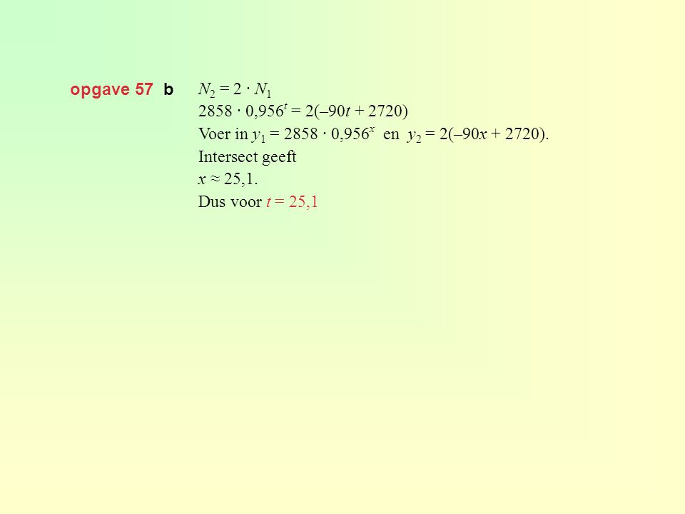 opgave 57 b N2 = 2 · N · 0,956t = 2(–90t ) Voer in y1 = 2858 · 0,956x en y2 = 2(–90x ).