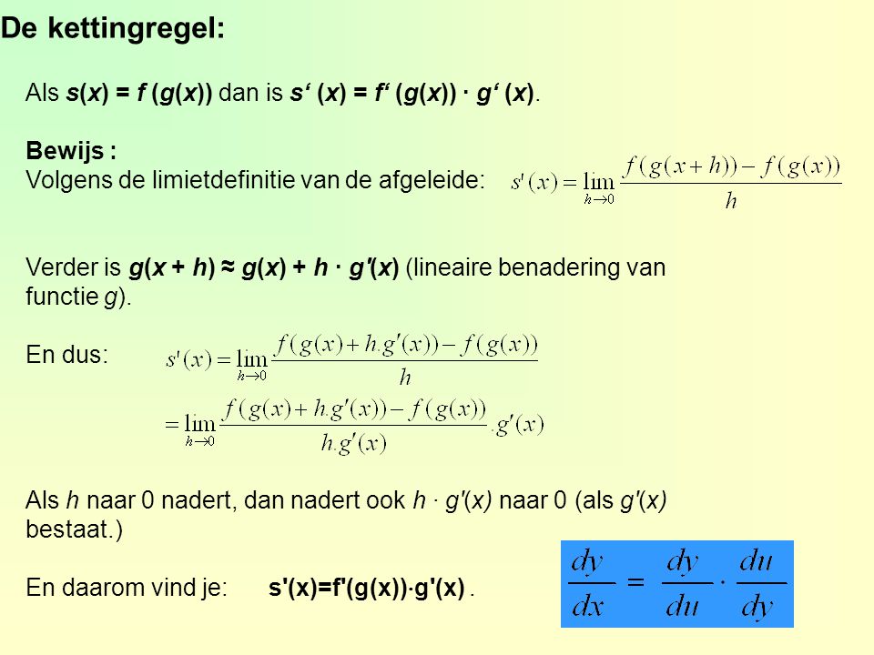 De kettingregel: Als s(x) = f (g(x)) dan is s‘ (x) = f‘ (g(x)) · g‘ (x). Bewijs : Volgens de limietdefinitie van de afgeleide: