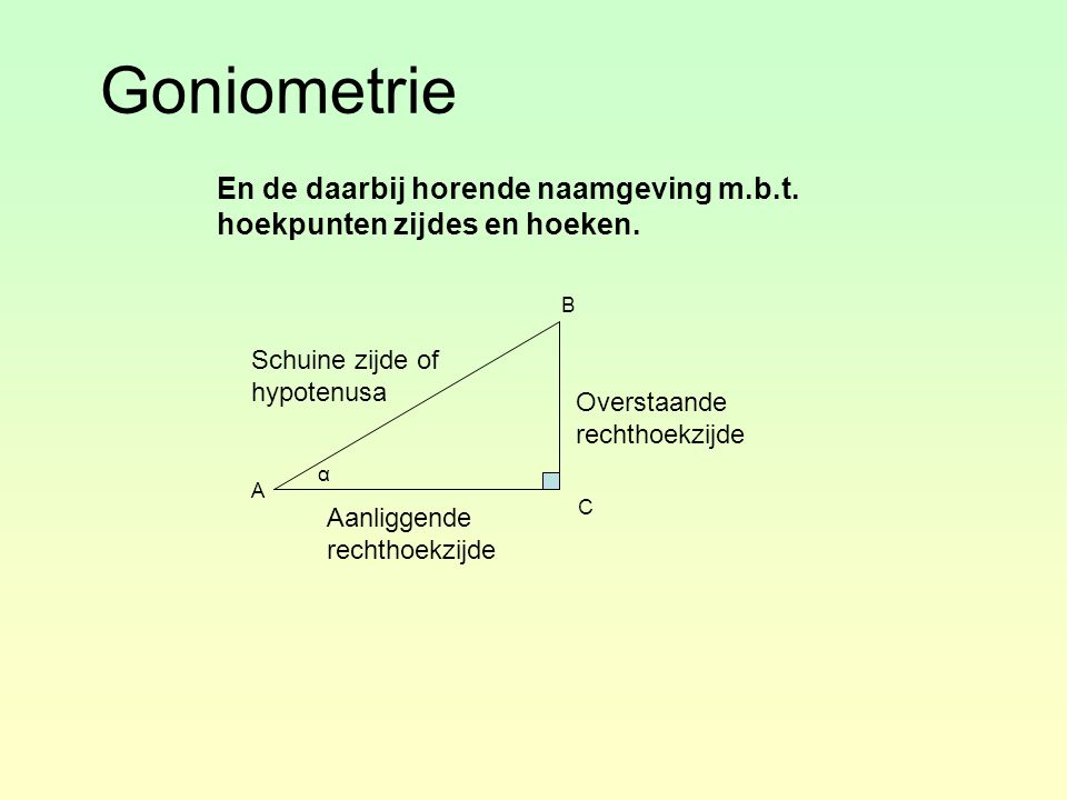 Goniometrie En de daarbij horende naamgeving m.b.t. hoekpunten zijdes en hoeken. B. Schuine zijde of hypotenusa.