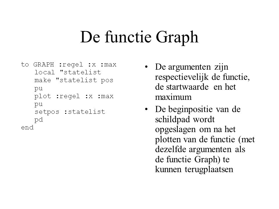 De functie Graph De argumenten zijn respectievelijk de functie, de startwaarde en het maximum.