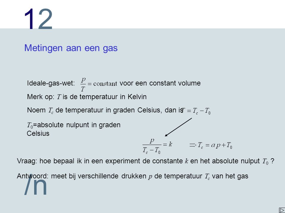 Metingen aan een gas Ideale-gas-wet: voor een constant volume
