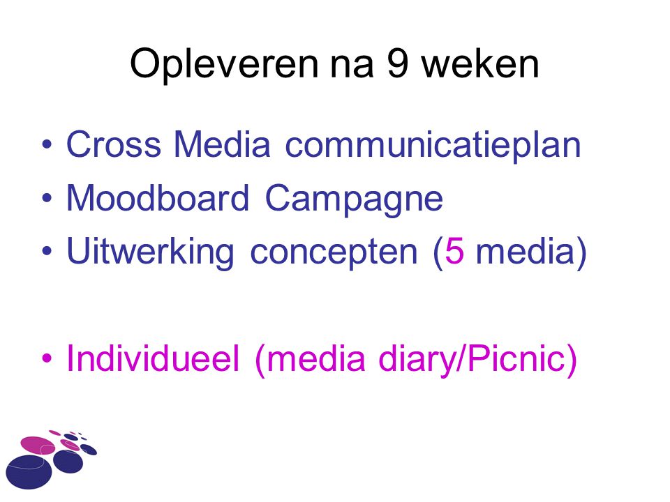 Opleveren na 9 weken Cross Media communicatieplan Moodboard Campagne