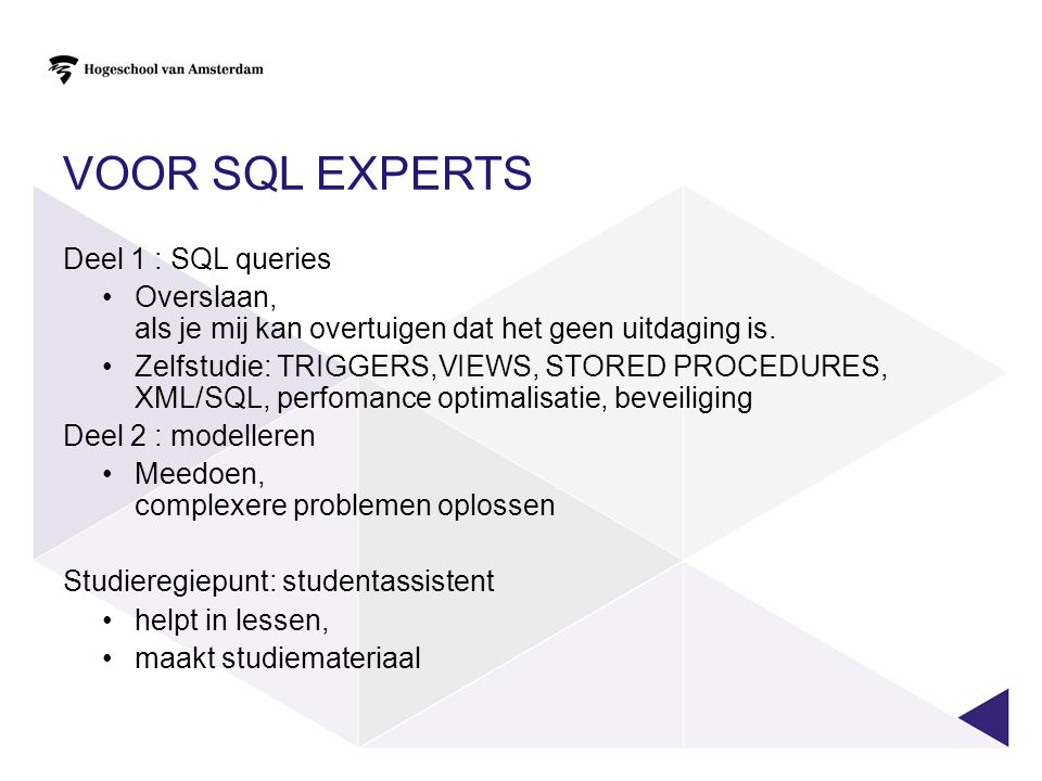 Voor SQL experts Deel 1 : SQL queries