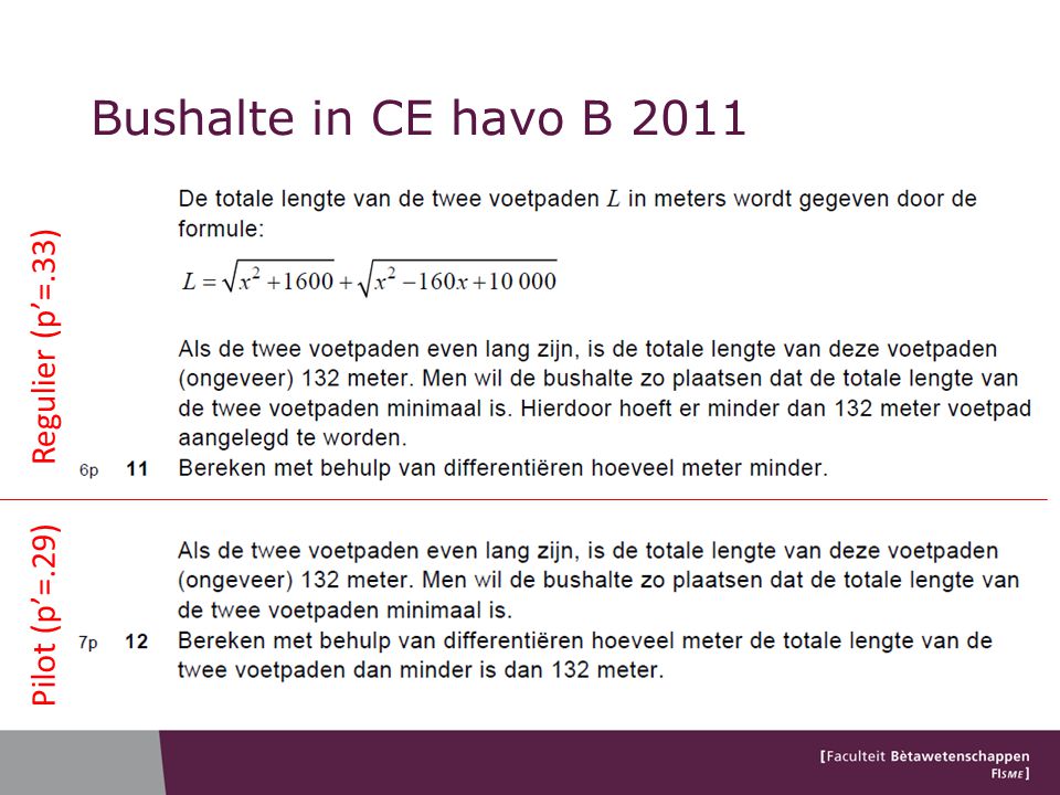 Bushalte in CE havo B 2011 Regulier (p’=.33) Pilot (p’=.29)