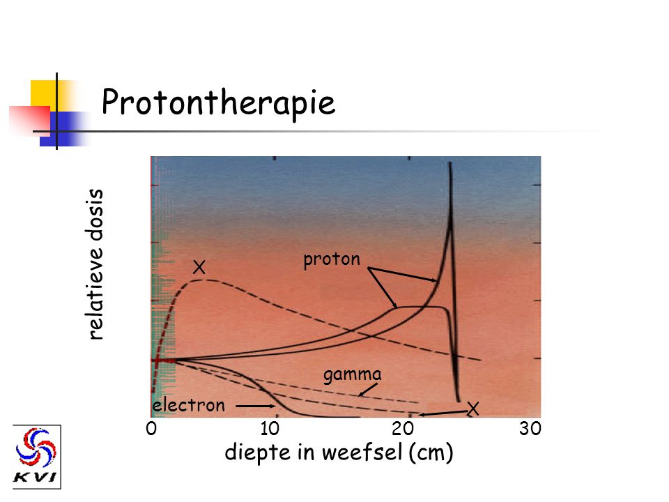 Protontherapie relatieve dosis diepte in weefsel (cm) proton X gamma
