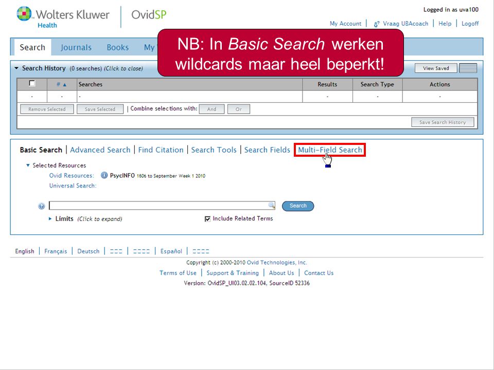 NB: In Basic Search werken wildcards maar heel beperkt!