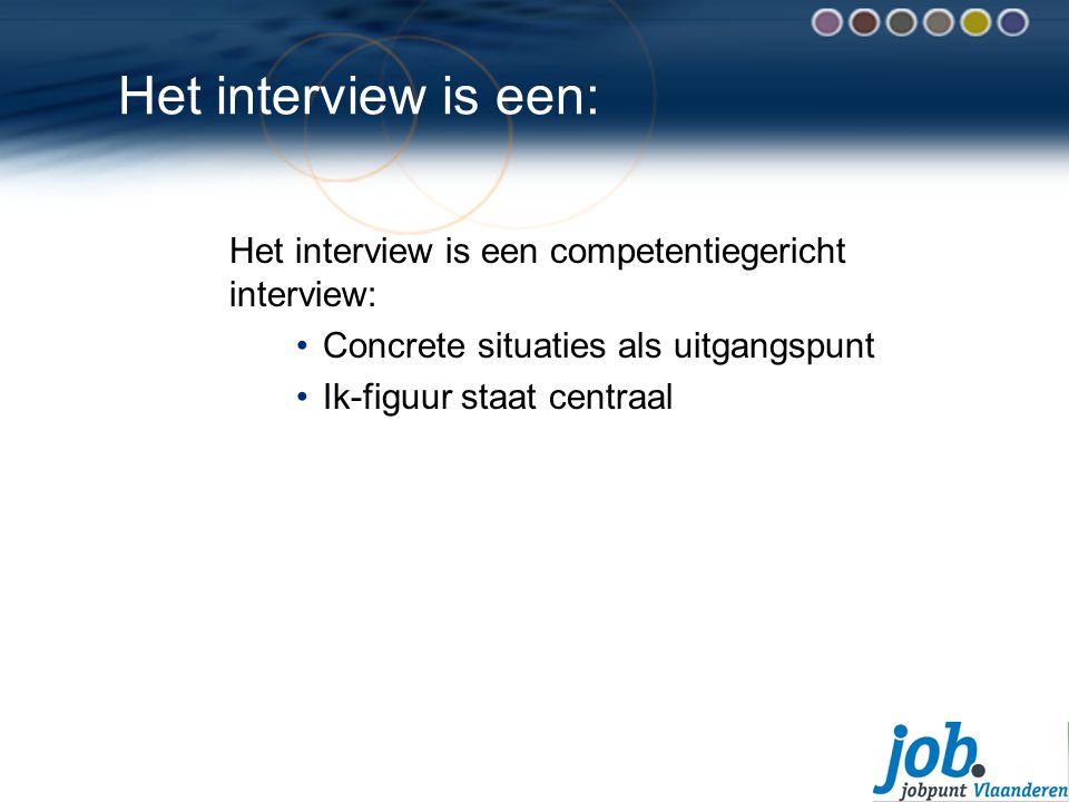 Het interview is een: Het interview is een competentiegericht interview: Concrete situaties als uitgangspunt.