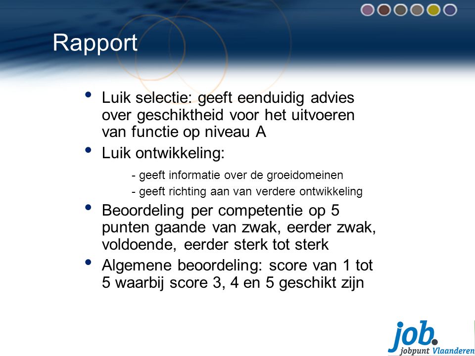 Rapport Luik selectie: geeft eenduidig advies over geschiktheid voor het uitvoeren van functie op niveau A.