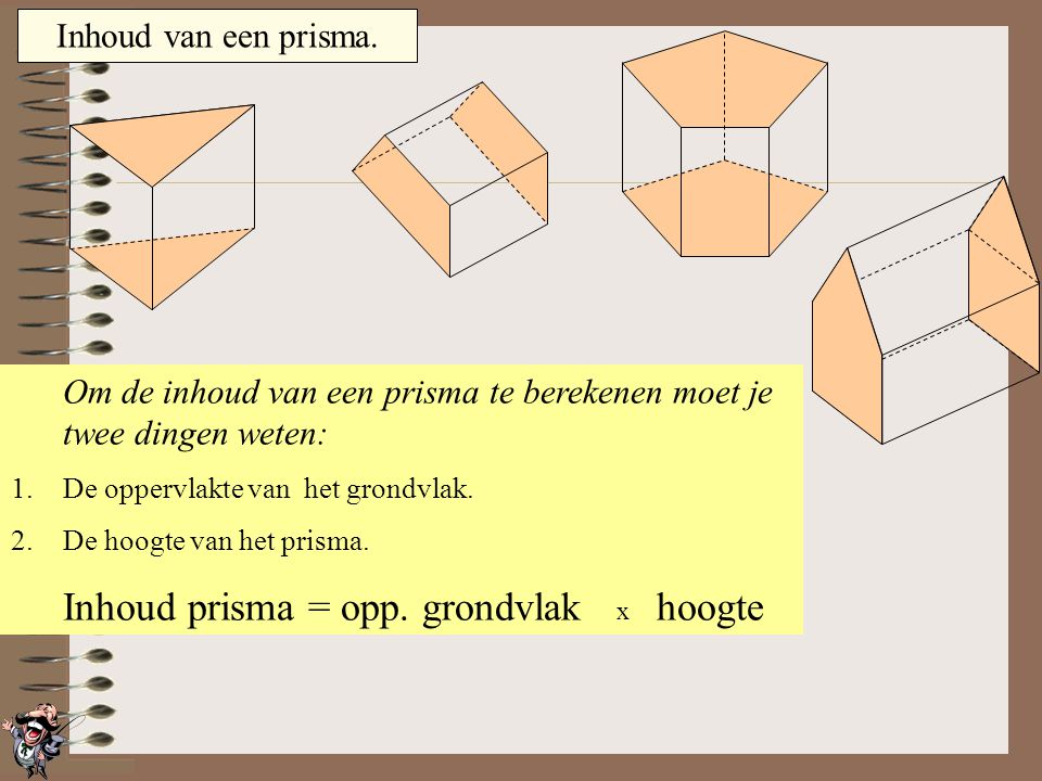 Om de inhoud van een prisma te berekenen moet je twee dingen weten: