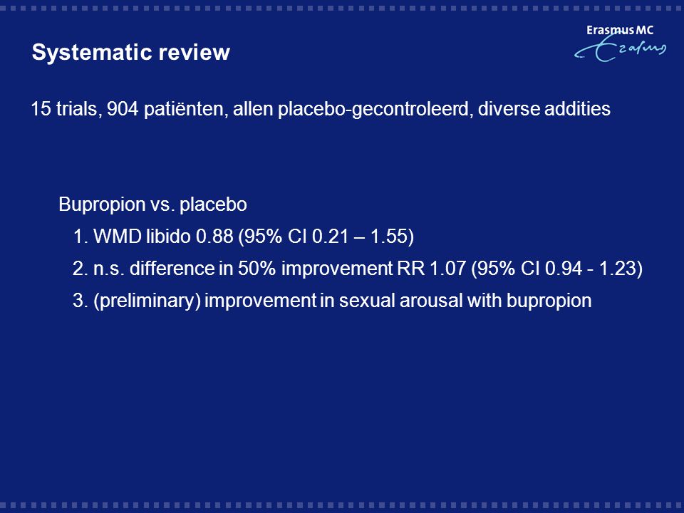 Systematic review 15 trials, 904 patiënten, allen placebo-gecontroleerd, diverse addities. Bupropion vs. placebo.