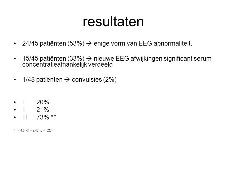 resultaten 24/45 patiënten (53%)  enige vorm van EEG abnormaliteit.