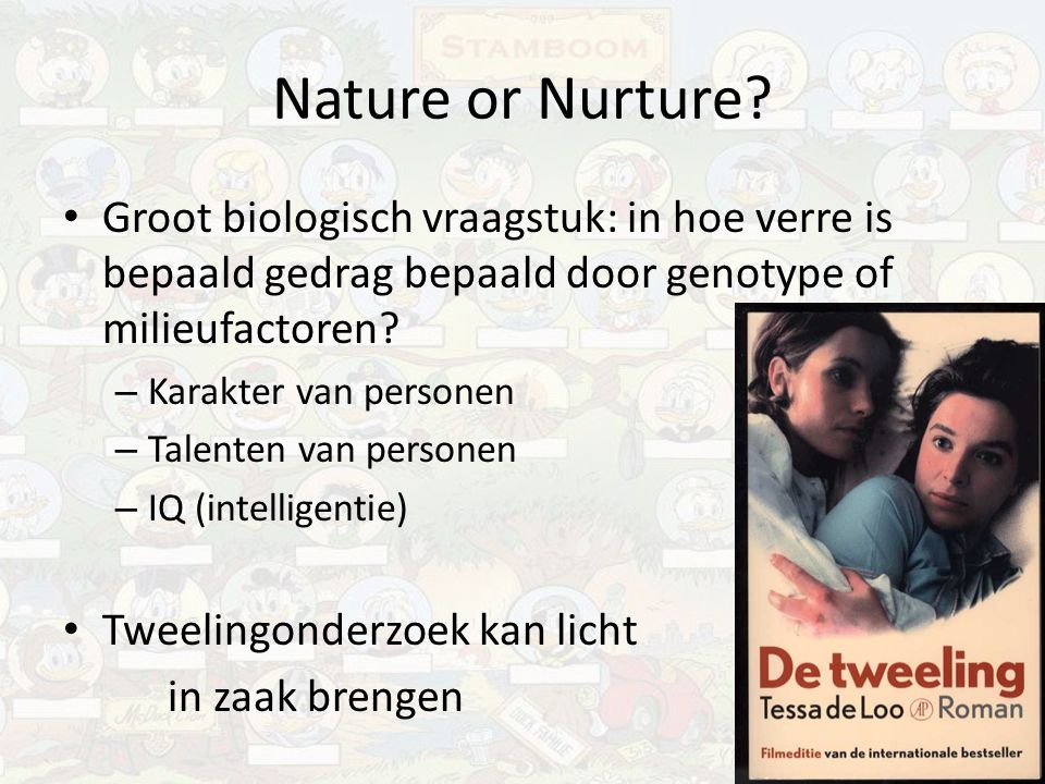 Nature or Nurture Groot biologisch vraagstuk: in hoe verre is bepaald gedrag bepaald door genotype of milieufactoren