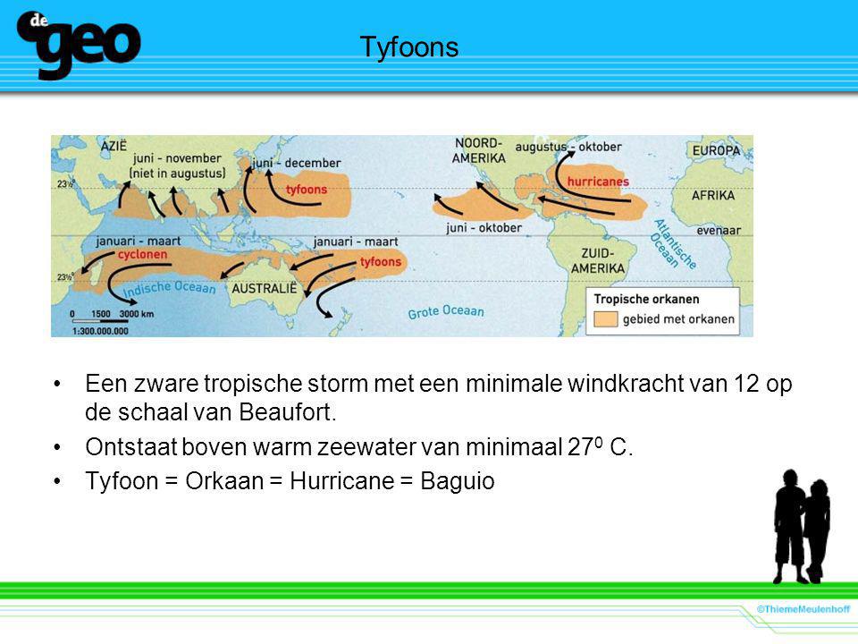 Tyfoons Een zware tropische storm met een minimale windkracht van 12 op de schaal van Beaufort. Ontstaat boven warm zeewater van minimaal 270 C.