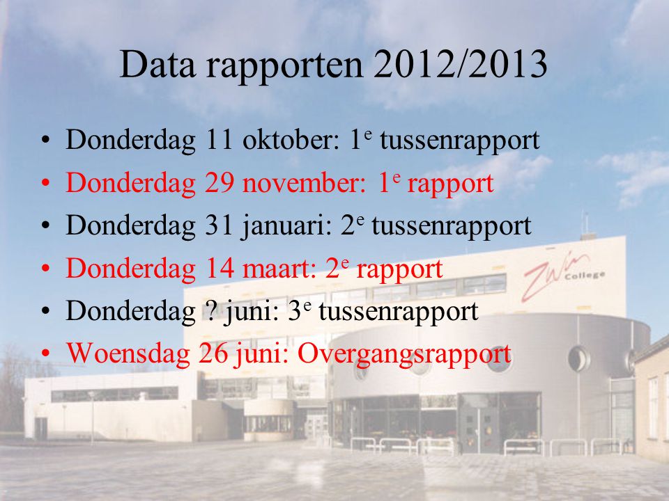 Data rapporten 2012/2013 Donderdag 11 oktober: 1e tussenrapport