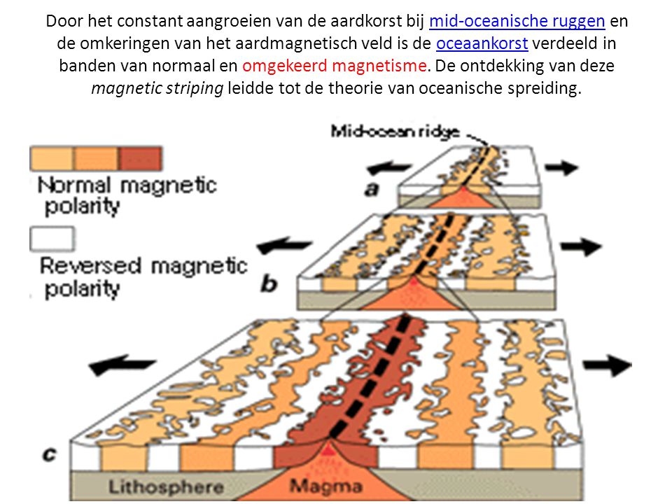 Door het constant aangroeien van de aardkorst bij mid-oceanische ruggen en de omkeringen van het aardmagnetisch veld is de oceaankorst verdeeld in banden van normaal en omgekeerd magnetisme.