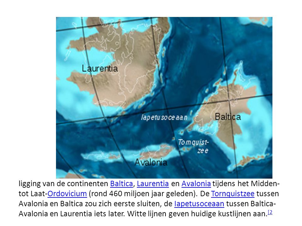 ligging van de continenten Baltica, Laurentia en Avalonia tijdens het Midden- tot Laat-Ordovicium (rond 460 miljoen jaar geleden).
