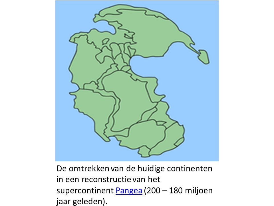 De omtrekken van de huidige continenten in een reconstructie van het supercontinent Pangea (200 – 180 miljoen jaar geleden).