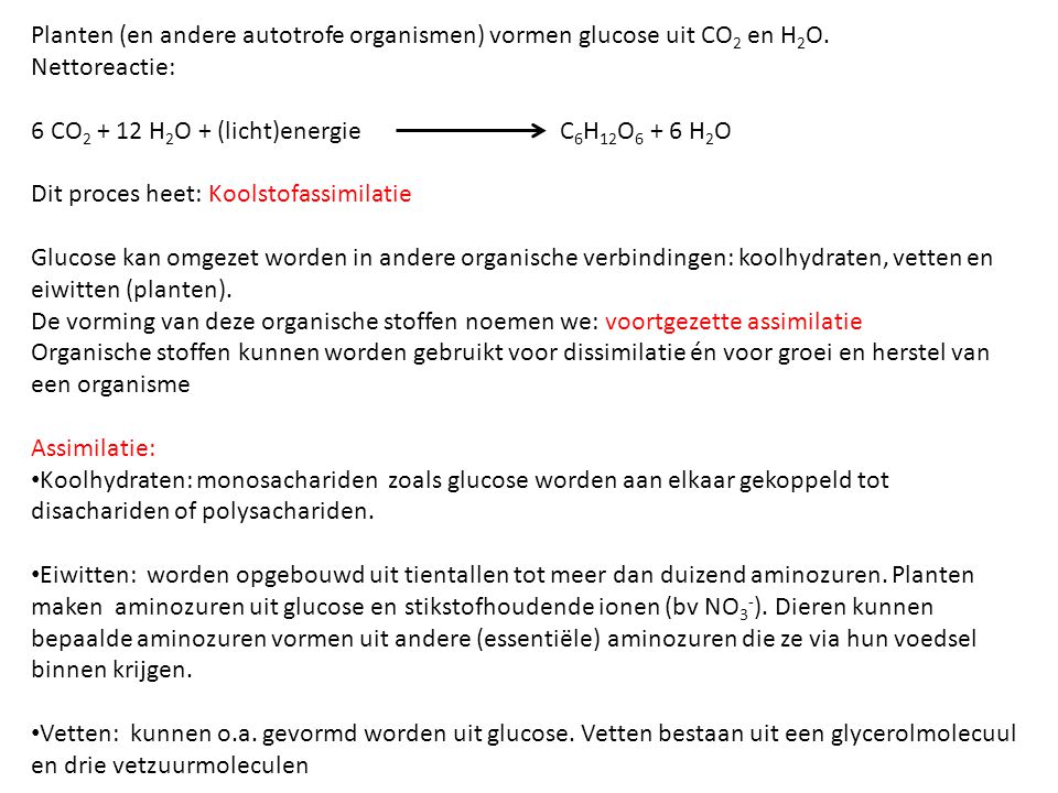 Planten (en andere autotrofe organismen) vormen glucose uit CO2 en H2O.