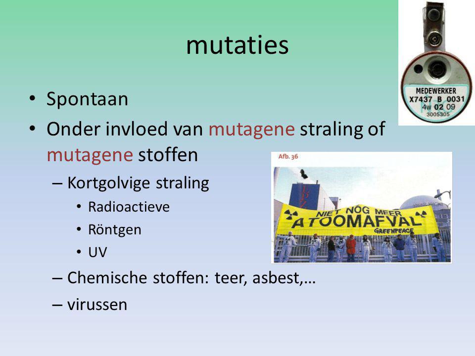 mutaties Spontaan. Onder invloed van mutagene straling of mutagene stoffen. Kortgolvige straling.